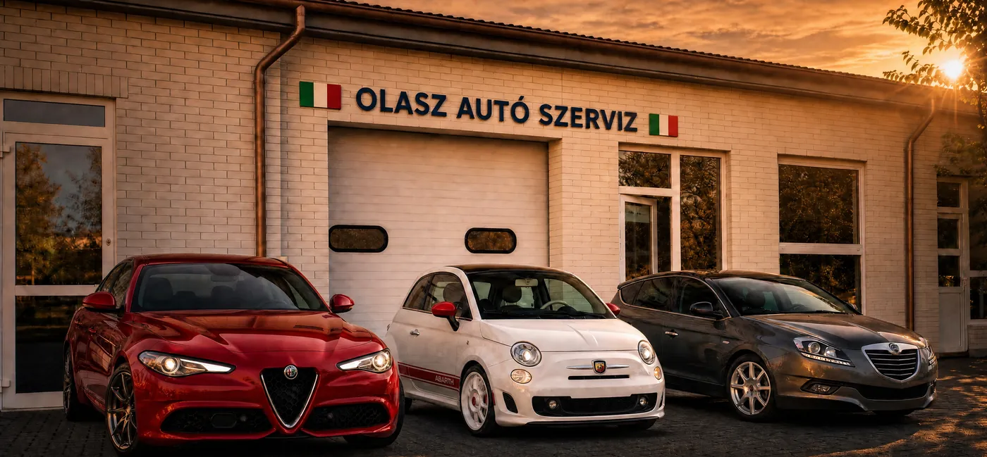 Alfa Romeo, Abarth 595 és Lancia az Olasz Autószerviz előtt Debrecenben, a Balmazújvárosi úton